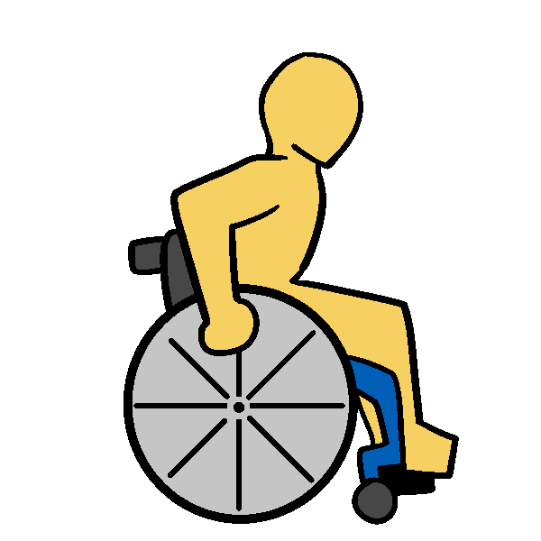 A yellow thin person pushing a blue manual wheelchair.